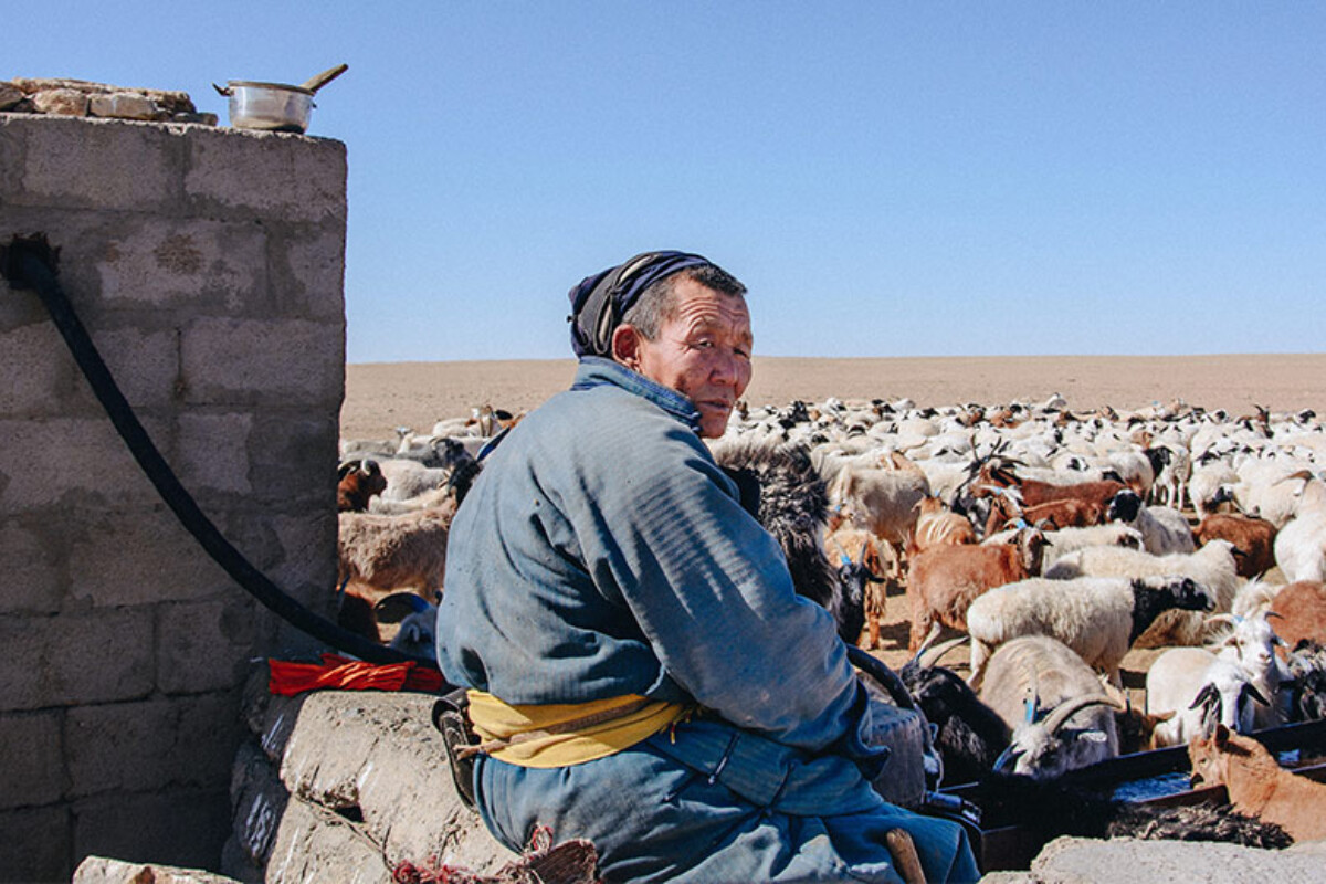 Mongolski nomad u tradicionalnoj odjeći sjedi pored pojila za stoku, okružen velikim stadom ovaca i koza, dok se nepregledna stepa prostire u pozadini. Plavo nebo i suhi krajolik naglašavaju surov, ali autentičan način života nomadskih stočara u Mongoliji.