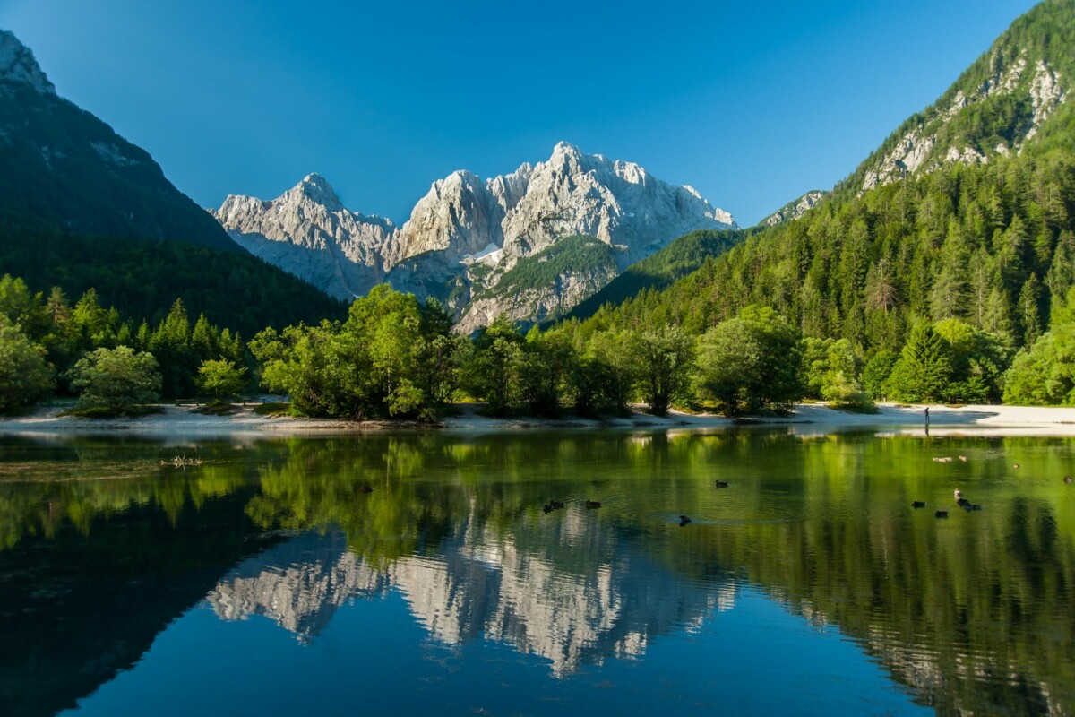 Mirna površina jezera Jasna u Sloveniji reflektira veličanstvene Julijske Alpe i gustu šumu
