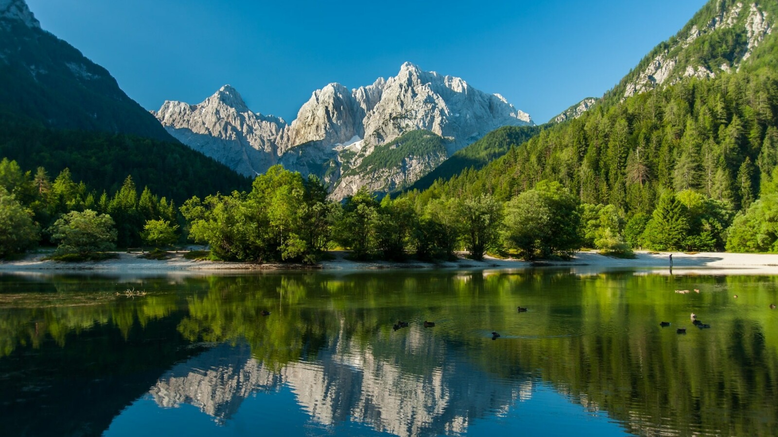 jezero-jasna-slovenija-odraz Mirna površina jezera Jasna u Sloveniji reflektira veličanstvene Julijske Alpe i gustu šumu