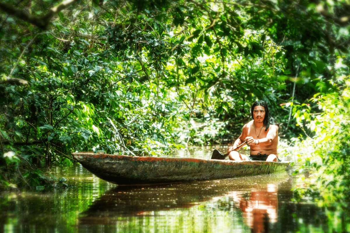 Pripadnik amazonskog plemena u Brazilu vesla drvenim kanuom kroz gustu prašumu, okružen bujnom zelenom vegetacijom i vodom.