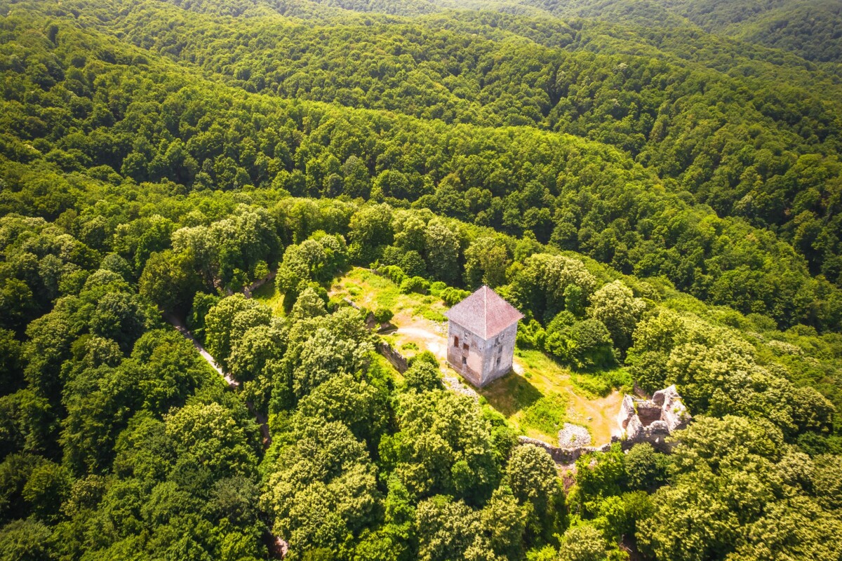 Pogled iz zraka na Moslavačku goru s crkvom sv. Mihovila, okruženu gustom šumom i zelenilom u srcu prirode.
