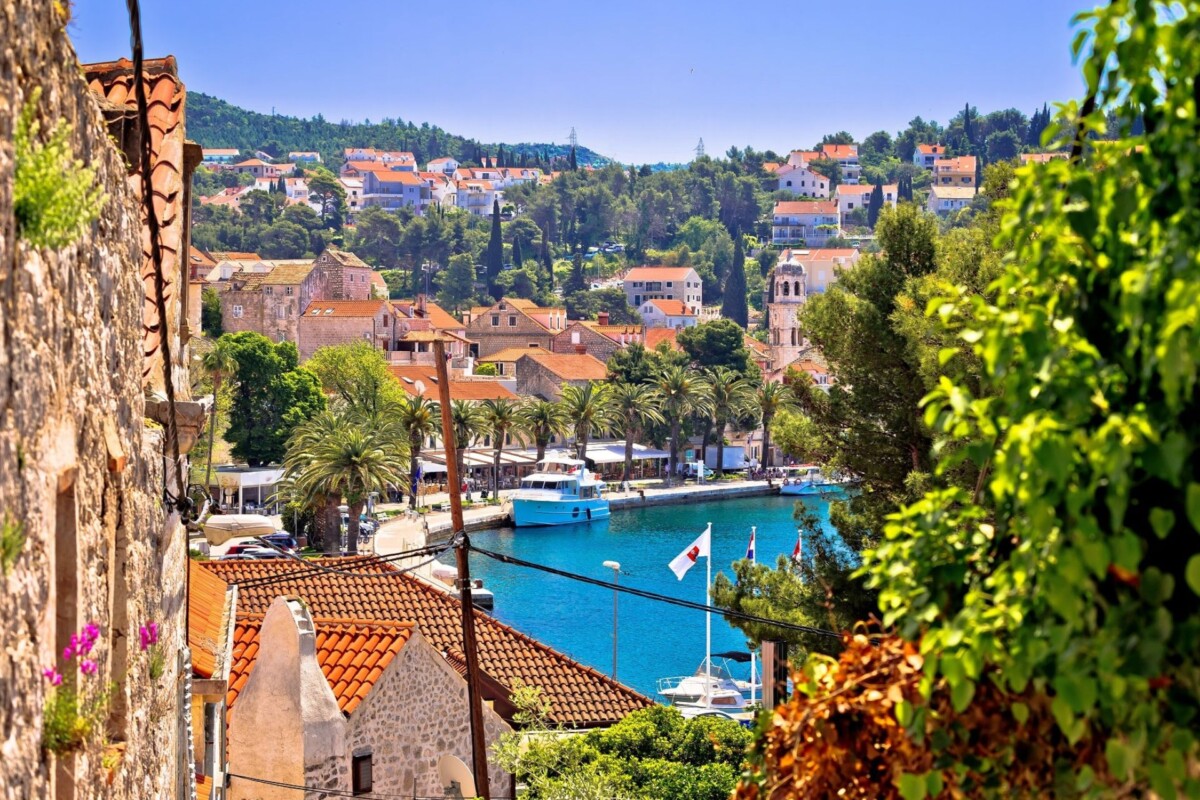 Pogled na Cavtat kroz uske kamene ulice, s crvenim krovovima, palmama uz rivu, brodicama u luci i zelenilom koje okružuje naselje, s crkvom i brdovitim krajolikom u pozadini.