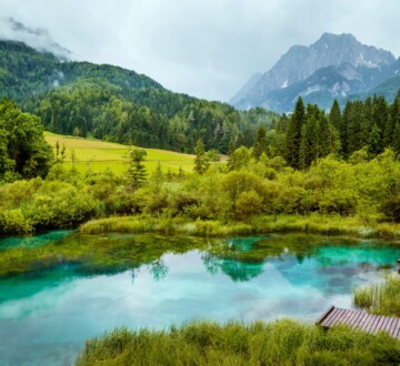 triglav-slovenija Kristalno čisti izvor Zelenci u Nacionalnom parku Triglav, okružen alpskom šumom i planinama u pozadini