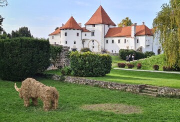 Stari grad Varaždin, srednjovjekovna utvrda s crvenim krovovima, okružena zelenilom i skulpturom psa od slame.