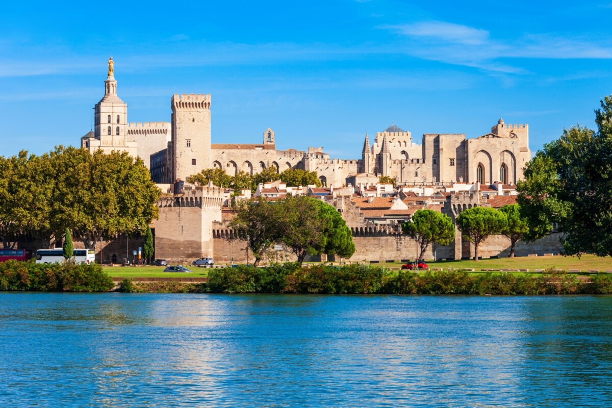 Panoramski pogled na grad Avignon s rijeke Rhône, s jasno vidljivom Papinskom palačom i srednjovjekovnim gradskim zidinama okruženima zelenilom.