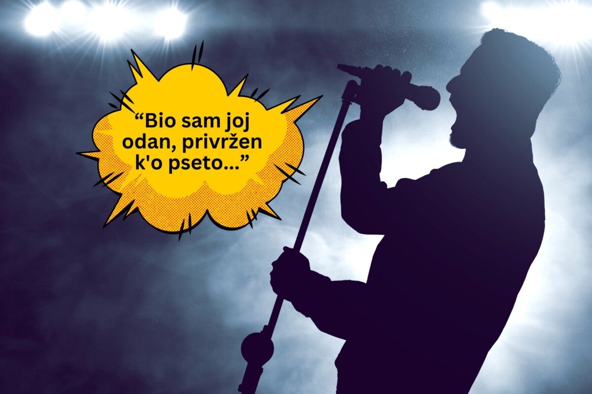 Ilustracija siluete pjevača s mikrofonom na pozornici pod reflektorima, uz stripovski oblačić s tekstom: “Bio sam joj odan, privržen k'o pseto...”