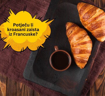 Dvije kroasane i šalica kave na tamnoj drvenoj podlozi, uz ilustrirani oblačić s pitanjem: 