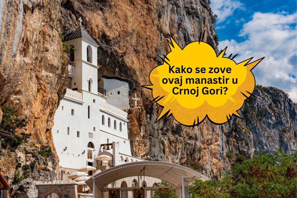 Prikaz poznatog bijelog manastira uklesanog u stijenu u Crnoj Gori, s natpisom 