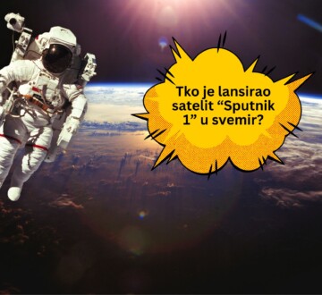 Astronaut lebdi u svemiru iznad Zemlje dok Sunčeva svjetlost obasjava atmosferu, a uz njega je ilustrirani tekstualni oblačić s pitanjem: 