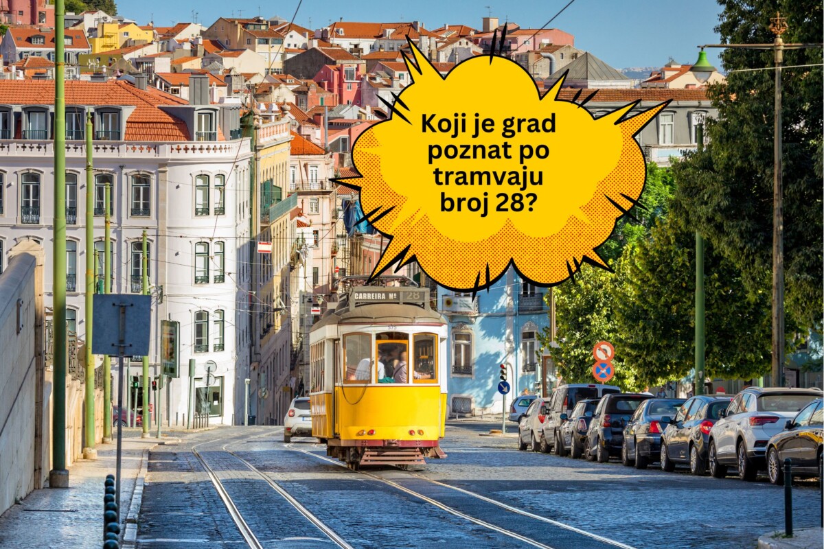 Poznati žuti tramvaj broj 28 vozi uskim ulicama Lisabona, dok se u pozadini vidi šarena arhitektura starog dijela grada. U prvom planu oblačić s pitanjem: 'Koji je grad poznat po tramvaju broj 28?