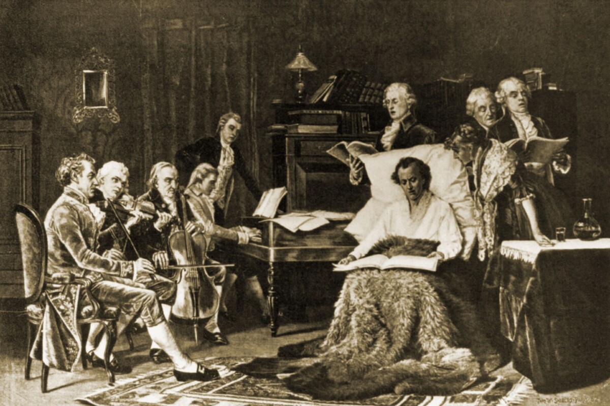 Wolfgang Amadeus Mozart svira glazbu pred obitelji i prijateljima, povijesna ilustracija iz 18. stoljeća