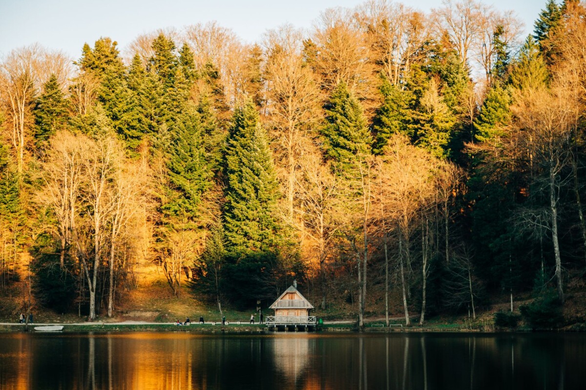 trakoscansko-jezero-u-jesenskom-ruhu Trakošćansko jezero u jesenskom ruhu s drvenom kućicom i refleksijom šume na mirnoj vodi – idealno mjesto za šetnju i opuštanje u prirodi.