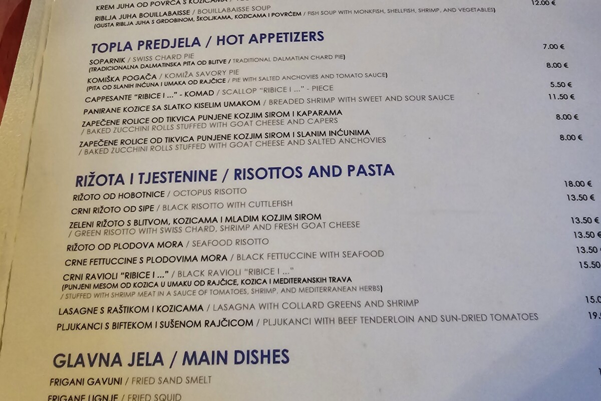 ribica-i-tri-tockice-meni Jelovnik restorana Ribica i tri točkice s bogatom ponudom ribljih jela, predjela, rižota, deserata i specijaliteta kuće.