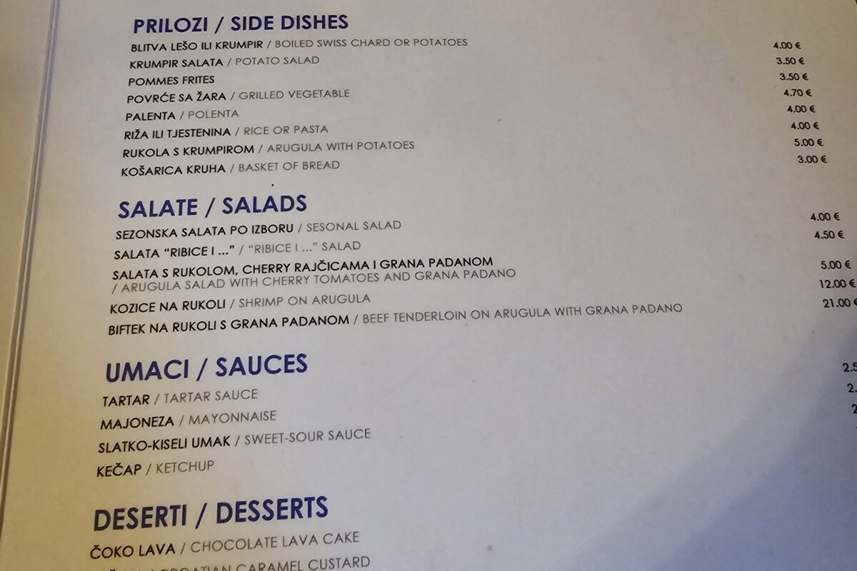 ribica-i-tri-tockice-meni-2 Jelovnik restorana Ribica i tri točkice s bogatom ponudom ribljih jela, predjela, rižota, deserata i specijaliteta kuće.