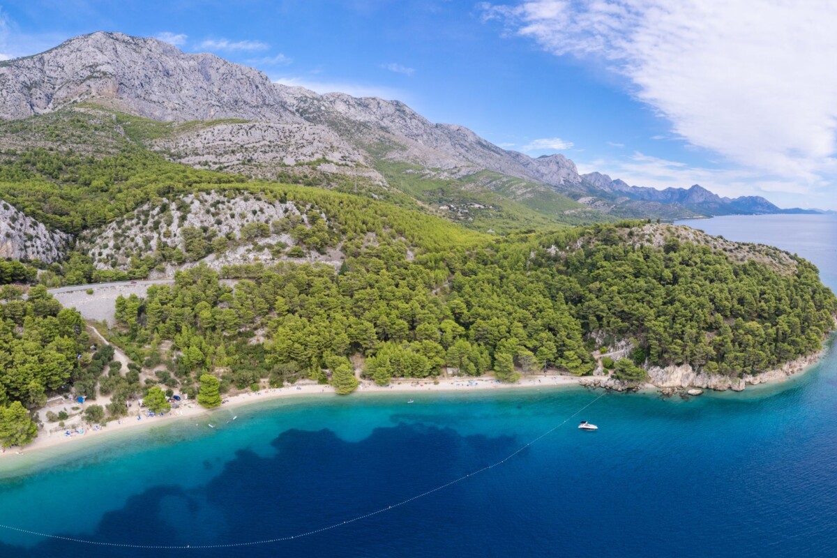 Panoramski pogled na plažu Velika Duba u Živogošću s kristalno čistim morem, gustom borovom šumom i planinskim pejzažem u pozadini.