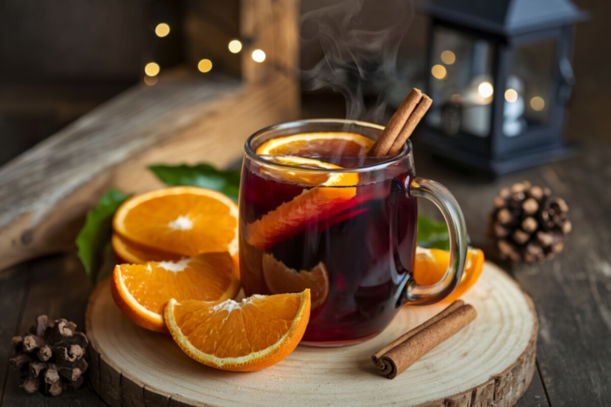 Čaša kuhanog vina s cimetom i kriškama naranče na drvenoj podlozi, uz lampion i zimsku dekoraciju koja stvara adventski ugođaj.